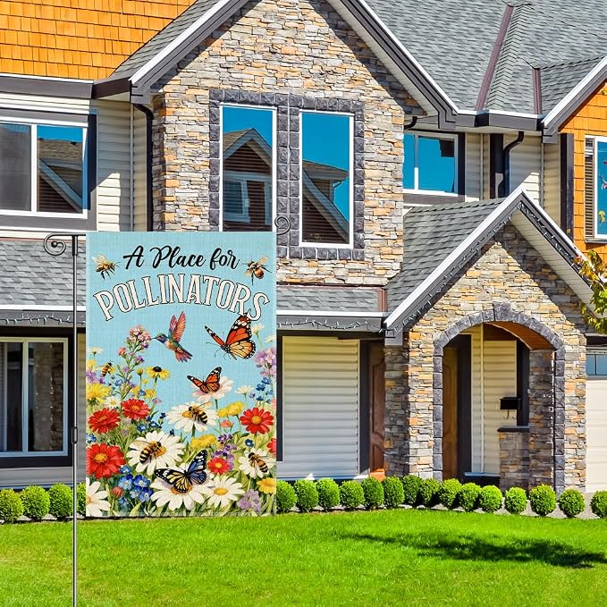 Perfectinsoy A Place for Pollinators Garden Flag, Pollinator Friendly Garden Sign, Hummingbird Wildflower Butterfly Bee Sign, Gardeners Bee Keepers Gifts, Welcome Yard Farmhouse Spring Outdoors Decor
