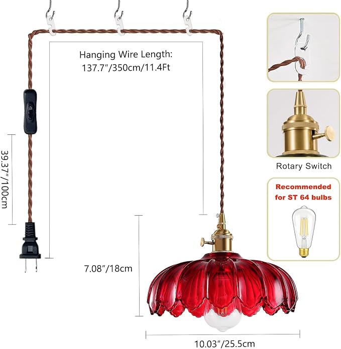 XZHGCEE Plug in Pendant Light: Hanging Light Plug in Red Glass Hanging Lamp, Pendant Lighting for Kitchen Island, Bedroom, Dining Room, Living Room, E26 No Bulb