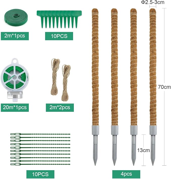 Moss Pole 28 Inch, 4 Pack Monstera Plant Support, Bendable Coco Coir Pole - Plant Stakes for Indoor Plants, Moss Poles for Climbing Plants, with Gardening Accessories (Plant Ties etc)
