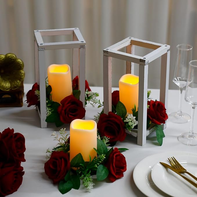 Hushee 60 Pcs Integrated Wedding Lantern Centerpiece Rustic Wooden Holder with Candles and Rings Farmhouse Candle Lantern Decor for Home Valentine Wedding Party Table Decor (White and Red)
