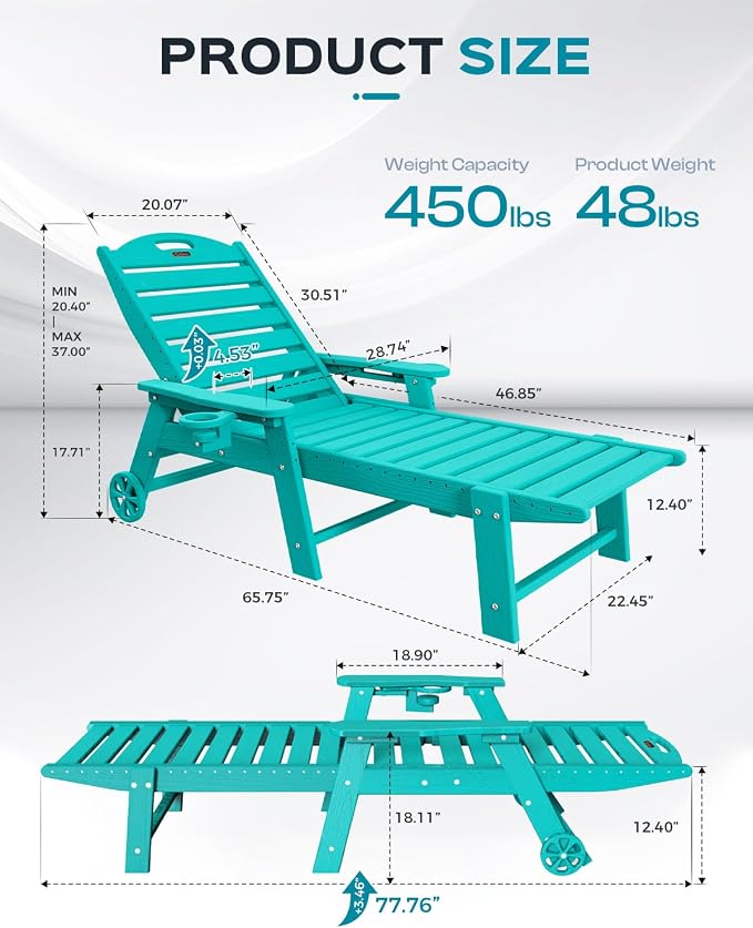 Ciokea Outdoor Chaise Lounge Chair Set of 2, Patio Lounge Chairs for Outside, HDPE Lounge Chair with Wheels & Cup Holder, Poly Chair with 5 Position for Poolside, Deck, Lake Blue
