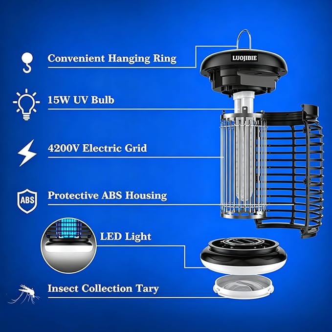 LUOJIBIE Electric Bug Zapper Outdoor & Indoor Mosquito Killer | 4200V High Voltage Grid, Waterproof Design, UV+LED Dual Light Trap Flying Insects; Fits Backyard, Patio, Home & Garage