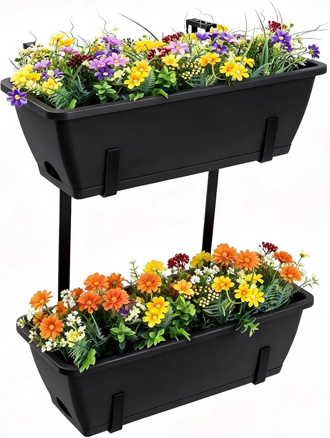 Balcony Planters Railing Hanging, Deck Railings Planter Boxes 16.9in, Railing Planter Box, Deck Planters for Railings, Railing Flower Box with Metal Brackets, Black (2Pcs)