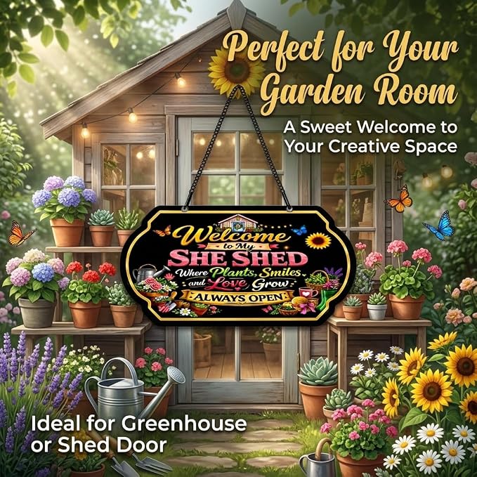 Welcome to My She Shed Sign, Garden Sign 10 x 5 Inch Metal Aluminum Sign with Chain, Decorative Garden Sign for Outdoor Garden Decor for Outside, Gardening Gifts for Women