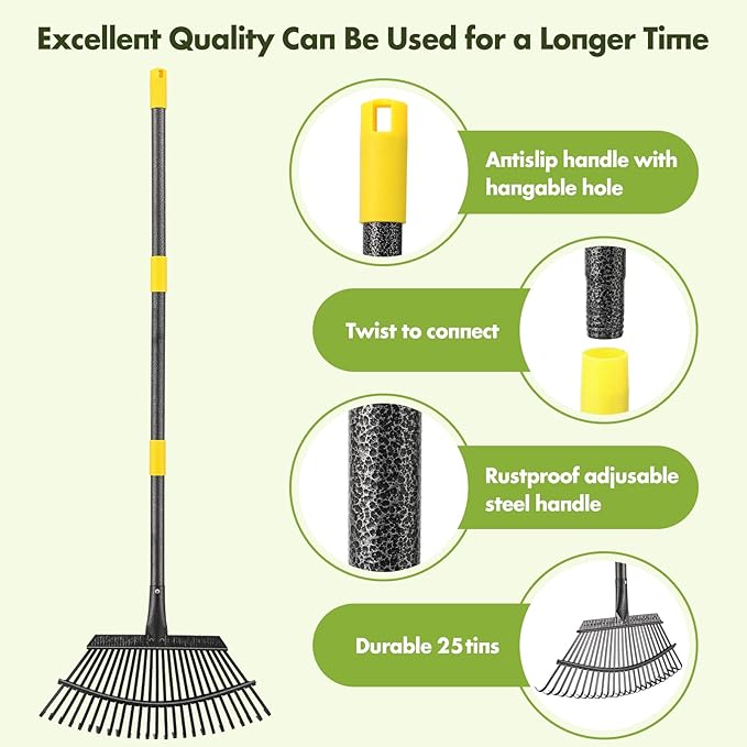 Rake for Leaves, Heavy Duty Leaf Rakes for Lawns & Yard - 65” Adjustable Long Handle 18” Width 25 Metal Tines - Gardening Rake for Adults Kids for Shrub,Grass,Mulch