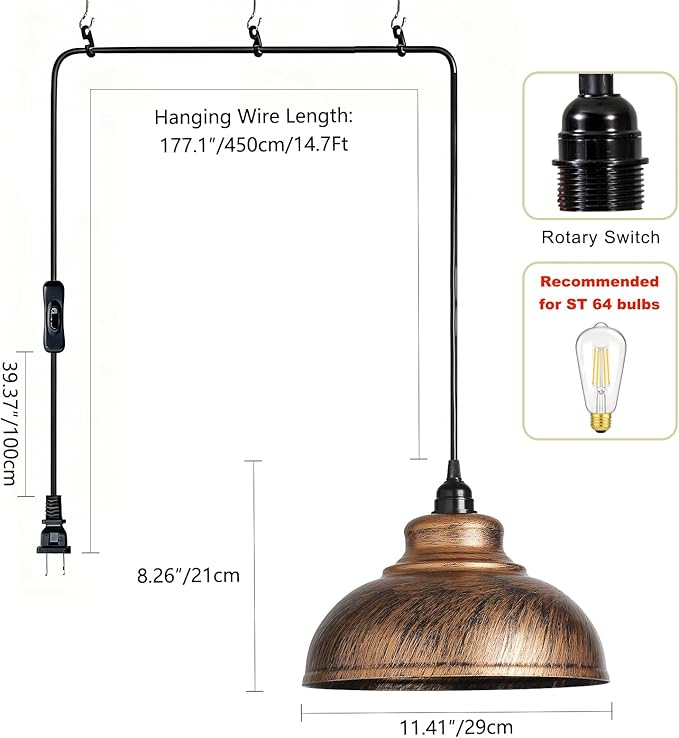 Plug in Pendant Light: Rustic Hanging Lamp Plug in, Farmhouse Pendant Light 14.7ft Swag Lamp Cord with On/Off Switch for Kitchen Island/Dining Room/Bedroom/Living Room Farmhouse Hanging Light, No bulb