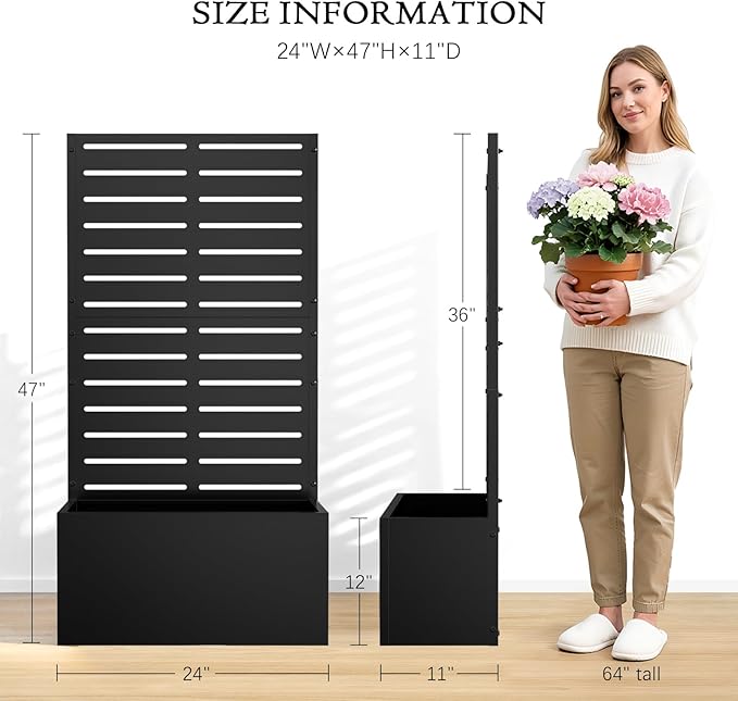 Baotree Metal Raised Garden Bed with Trellis and Wheels, 47"x24"x12" Planter Box for Climbing Plants, Vegetables & Vines, Features Drainage Holes and Privacy Screen (Black-Louvered)