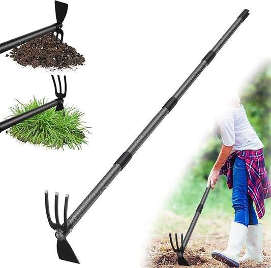 Hoe Garden Tool, 60 Inch Garden Hoe Adjustable Long Handle, 2 in 1 Garden Hoe for Weeding, Stainless Steel Weeder Tool for Yard Long Handle, Gardening Hoe for Planting, Lossening, Digging