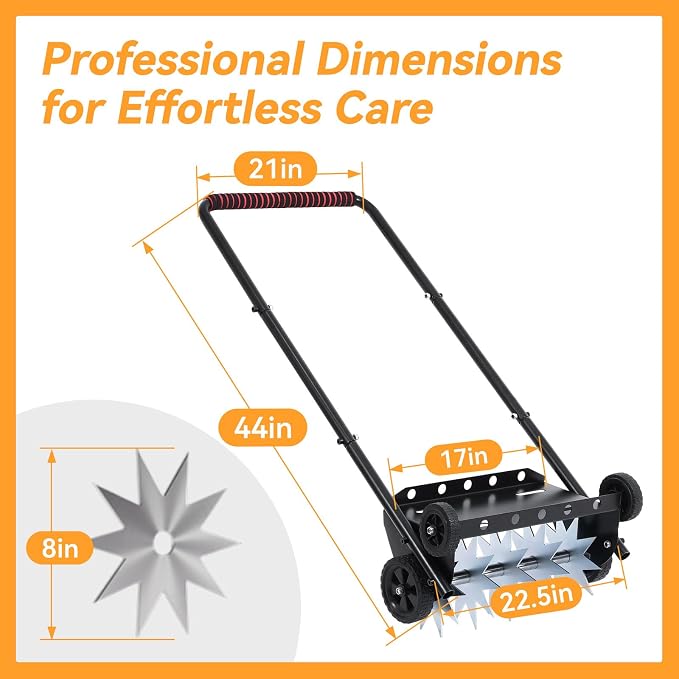 Push Spike Aerator, Heavy Duty Lawn Aerator with 4 Wheels, Rolling Manual Yard Tool with Weight Tray and Steel Handle for Compacted Soil, Garden and Grass Maintenance (22.5-Inch)