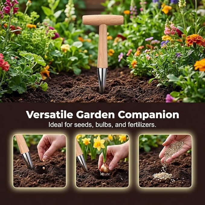 Hand Dibber Seed Dibber, Hand Dibber Garden Tool Bulb Planter Tool with Wooden Handle, Seed Planting Tool Plant Hole Digger for Garden Seeds Bulbs Flowers Tulips Daffodils Vegetables (1pc)