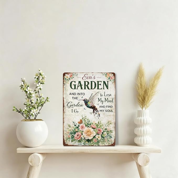 Garden Signs Hummingbird Floral Gardening Tin Signs Outdoor Funny Signs "And Into The Garden I Go To Lose My Mind And Find My Soul" for Home Garden Patio Fence Yard Decor 8 X 12 Inch