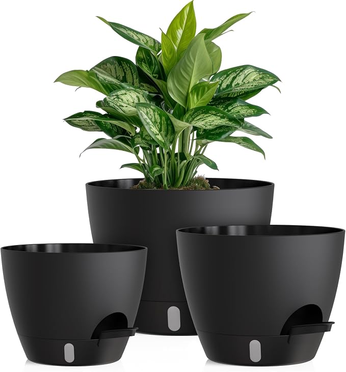 Self Watering Pots with Drainage Holes, 3 Pack 12/10/8 Inch Plant Pots with Water Level Indicator Deep Reservoir, Large Plastic Planter for Indoor Outdoor Plants - Black