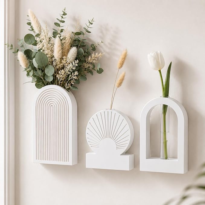 TBWIND White Wooden Wall Vases for Flowers Set of 3, Propagation Planter with 2 Glass Tubes, Modern Farmhouse Hanging Wood Decor for Living Room, Entryway