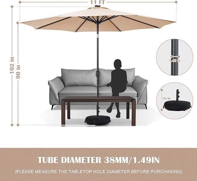 Sundale Outdoor 11 ft Patio Umbrella with Sand Bag Umbrella Base Included, Outdoor Umbrella with Tilt and Crank, Tan