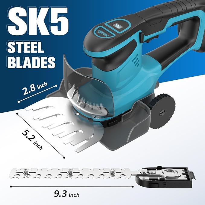 FULLYEA Electric Hedge Trimmer Cordless, 2-in-1 Shrub Trimmer & Grass Shear, Lightweight Bush Trimmer with 2 Blades & 2 * 2.0Ah Batteries, Handheld Grass Trimmer, Battery Powered Hedge Cutter (Blue)