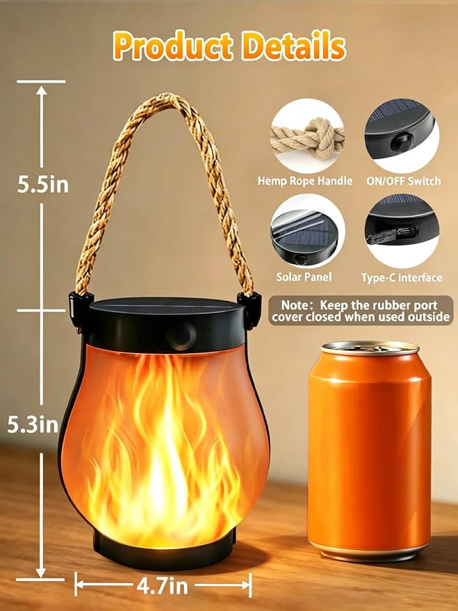 1 Pack Solar Lights Outdoor Waterproof, Solar Lantern with Dancing Flame, 2 Lighting Modes, Dual Charging USB & Solar Powered, with Hanging Rope Handle for Patio Yard Garden Tree Tabletop Decor