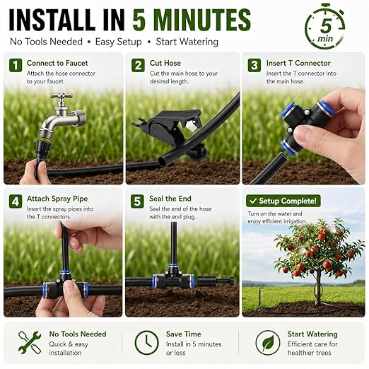 High-Flow Tree Irrigation System, 15FT 12mm Hose & 2Pcs 6.5FT Adjustable Nozzles, for Tree Roots & Canopies Irrigation, Leaf & Fruit Cleaning, Ideal for Fruit Trees & Ornamental Trees
