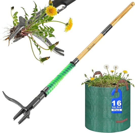 Weed Puller Tool, Heavy Duty Gardening Hand Tools with 4-Claw Steel Head & Dual-Eject Mechanism, 43.5" Bamboo Long Handle Stand Up Weeding Tool for Lawn Yard, Includes 16 Gallon Leaf Bag | 4-Claw Steel Head,Dual-Eject Mechanism,43.5" Bamboo Long Handle
