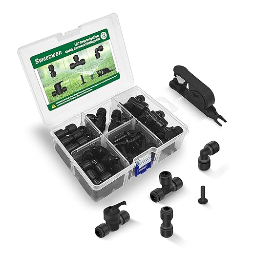 52Pcs 1/4" Drip Irrigation Quick Connect Fittings Kit (12 Couplings, 10 Tees, 12 Elbows, 5 Shut Off Valves, 12 Plugs & Tubing Cutter), Drip Line Connectors for 1/4" Tubing