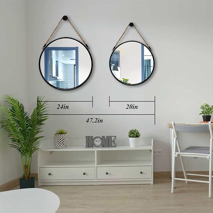 POZINO Round Hanging Mirror with Rope, 20" Farmhouse Decorative Mirror with Black Metal Frame, Circle Wall Mirror for Bathroom, Bedroom, Living Room, Entryway, Fireplace
