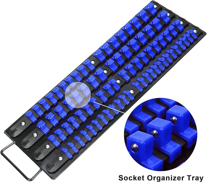 Mayouko 80-Piece Portable Socket Organizer Tray, 2 Pcs Set, Blue & Red, Tools Organizer 1/4-Inch, 3/8-Inch, 1/2-Inch, Heavy Duty Socket Holder, Black Rails, Blue & Red Clips