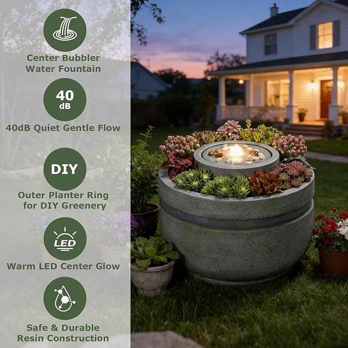 18" H Water Fountain Outdoor Bubbler Water Feature Outdoor with Lights and Built-in Planter Zen Garden Water Fountains for Patio Porch Deck Backyard Home Decor