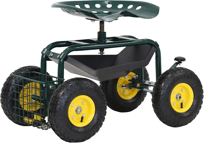 Garden Cart Rolling Work Seat Patio Wagon Scooter for Planting with Utility Tool Tray and Basket, Green