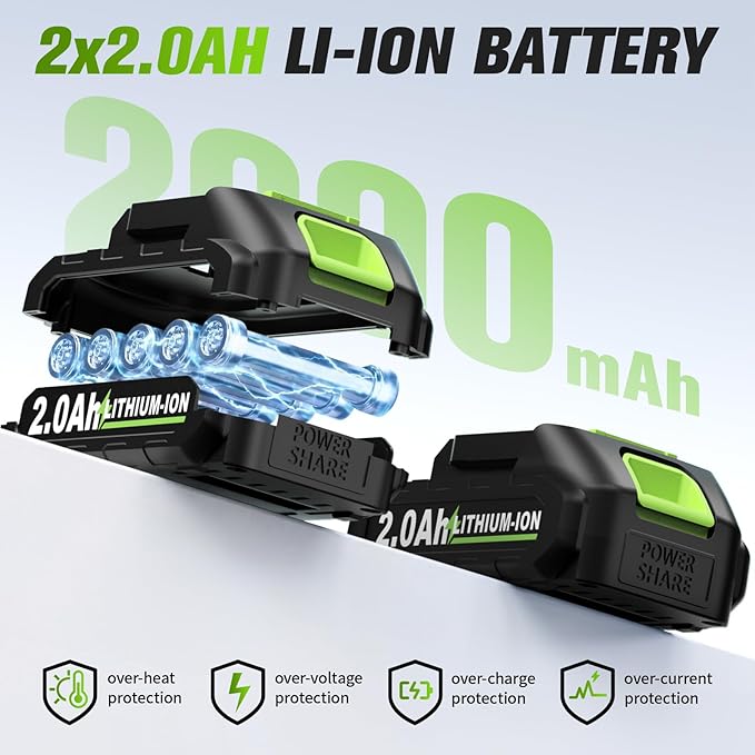 FULLYEA Cordless Hedge Trimmer, 2-in-1 Electric Bush Trimmer & Grass Shear, Lightweight Hedge Cutter with 2 * 2.0Ah Batteries & Charger, Battery Powered Grass Trimmer, Handheld Shrub Trimmer (Green)