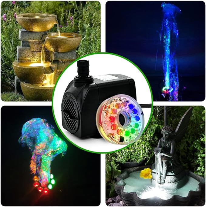 PULACO 160GPH Small Fountain Pump, 10Watt Submersible Pump with Automatic Color Changing LED Light and 3.3 ft Tubing for Water Feature, Outdoor Pond, Aquarium fish tanks