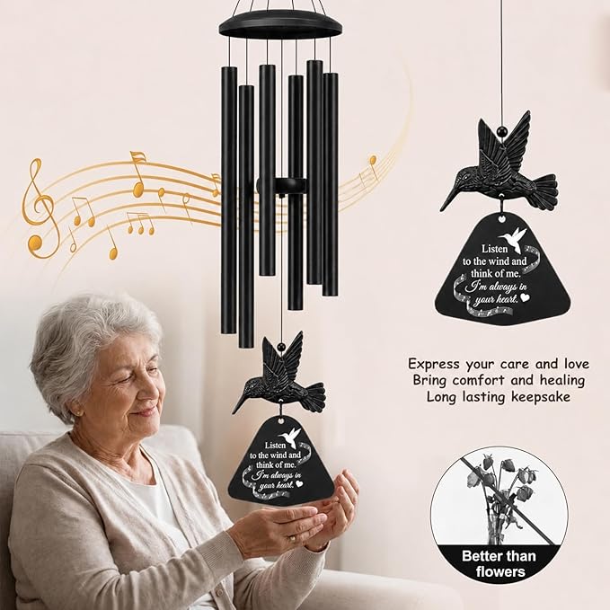 36" Memorial Wind Chimes for Outside, Sympathy Gift for Loss of Loved One, Hummingbird Wind Chime for Mom Dad, Bereavement Remembrance Funeral Condolence Gift（Black）