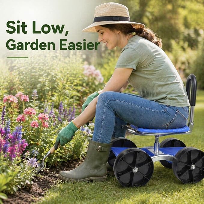 Garden Seat with Wheels, Knee Pain Relief, 360° Swivel Rolling Stool, Adjustable Seat Height 8.7"–13.8", Max Load 300 lbs, Tool Storage Tray, Foldable Outdoor Workseat for Patio Yard Planting Picking