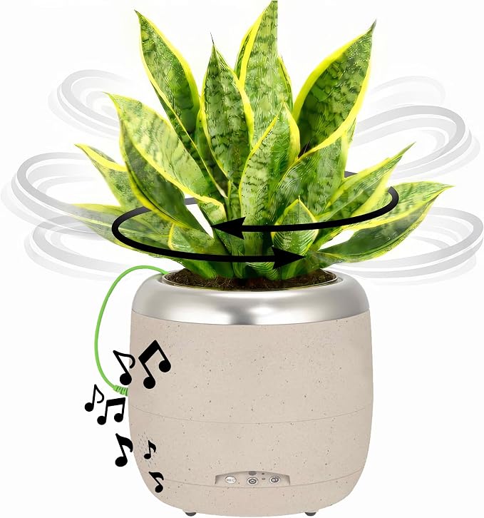PLANTPETZ Extra Large Robotic Planter – Smart Planter Fits 6 Inch Pots | Bluetooth Speaker | Interactive Smart Plant Pot Turns A Real Plant Into a Touch/Motion Responsive Companion - Sand Beach Tan