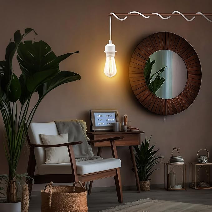 3Pack Plug in Hanging Light Kit, E26/E27 Vintage Hanging Lights with Plug in Cord, Retro Pendant Light Kit, 12FT Cord with On/Off Switch, Pendant Light Cord for Hanging Light(White)