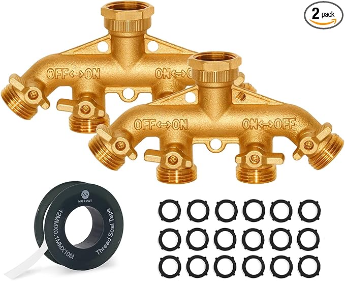Morvat Brass 4-Way Splitter LEAD-FREE, Heavy-Duty Garden Hose Manifold Connector with Improved Comfort Grip ON/OFF Valves, Adapter for Water Faucet & Spigot, Includes 16 Washers, Teflon Tape (2-Pack)