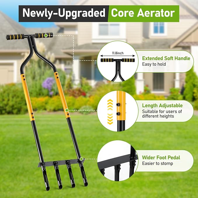 Knee-Friendly Manual Lawn Aerator Tool, 42.6-45 Inch Adjustable Height Core Aerator for Grass, Pre-Assembled Yard Aeration Tool with 4 Hollow Tines for Lawn Care and Compacted Soil