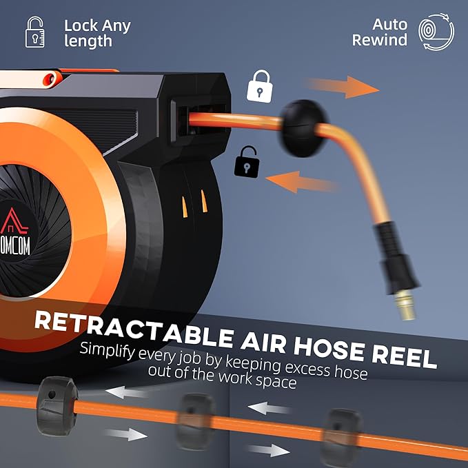 HOMCOM Retractable Air Hose Reel, Wall Mounted Air Compressor Hose Reel with Swivel Bracket, Auto Rewind, 3/8 in x 98 ft, 6.6 ft Lead in, 300 PSI, Air Coupler, Black and Orange