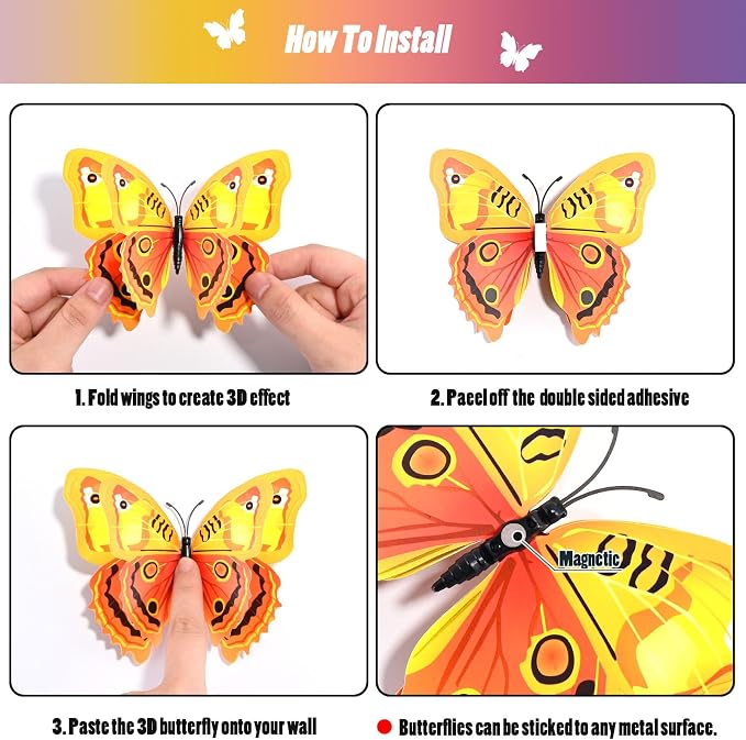 SAOROPEB 3D Butterfly Wall Decor, 72 Pcs Double Layer Butterfly Decorations for Party Decorations Locker Decor Refrigerator Decal, Reusable (Yellow)