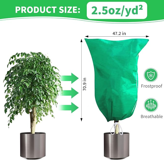 Phopich 2 Pack Plant Covers Freeze Protection, 47''W x 78''H 2.5oz/yd² Winter Tree Frost Blankets Frost Cloths Protectors Bag Cover with Zipper Drawstring for Outdoor Plants Shrub Fruit Trees Potted