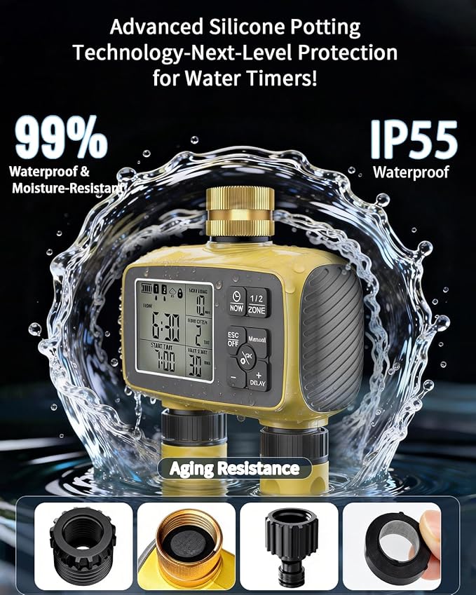 Hose Timer 2 Outlet, 2 Zone Programmable Sprinkler Timer with Rain Delay & Manual Mode, Heavy Duty Digital Timer for Garden Hose, Auto Irrigation Controller for Lawn, Yard & Drip Irrigation Outdoor