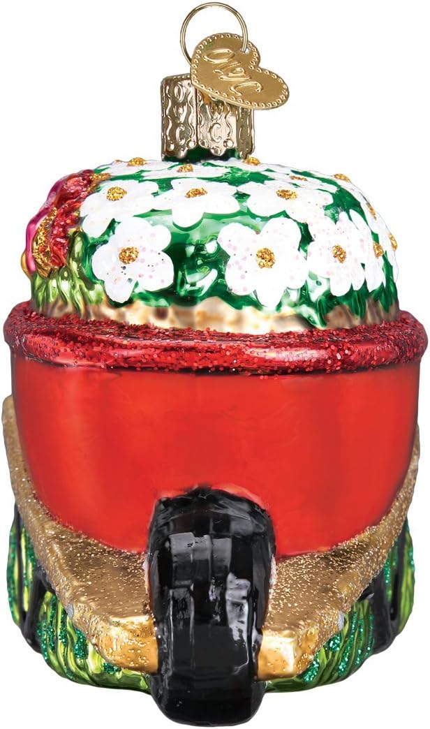Old World Christmas Wheelbarrow with Flowers Glass Blown Ornament for Christmas Tree, Handcrafted Holiday Decoration, Garden Collection