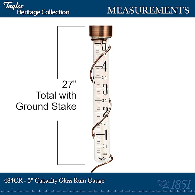 Taylor Heritage Collection Glass Rain Gauge, Measure and Monitor Precipitation, Easy to Read for Backyard, Patio, Garden, and Lawn, 5-inch, Bronze