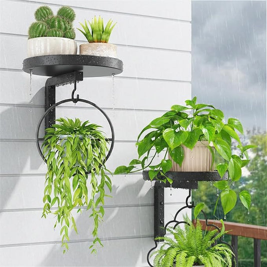 iDavosic.ly Wall Plant Holder Set of 2 for Outdoor with Drain Hole, Metal Hanger with 2 Hooks, Floating Flower Display Stand for Window, Space Saving & Easy to Assemble (Pots/Plants Not Included)