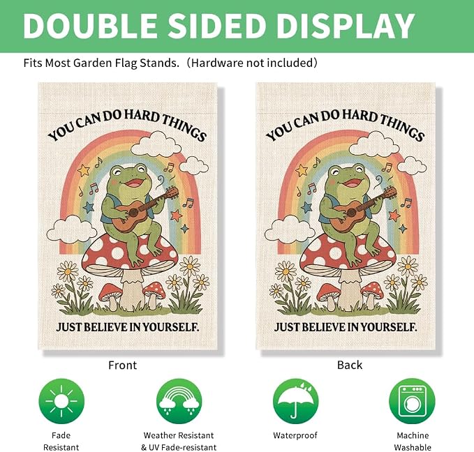 Perfectinsoy You Can Do Hard Things Just Believe in Yourself Funny Garden Flag, Positive Frog Flags, Inspirational Quote Feminist Gifts for Women Music Lovers, Welcome Home Farmhouse Outdoor Decor