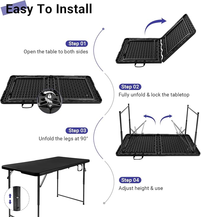 Byliable Folding Table 4 Foot, Heavy Duty Portable Plastic Fold-in-Half Utility 4ft Folding Table with Carrying Handle for Indoor Outdoor, Camping Picnic Party, Black