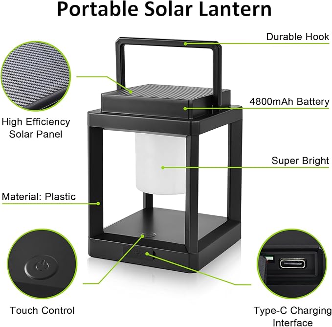 Solar Outdoor Table Lamp, Rechargeable Cordless Patio Light – Touch Control Portable LED Lantern, 3 Brightness Levels, 4800mAh, 50H Battery Life, Waterproof for Camping, Backyard, RV