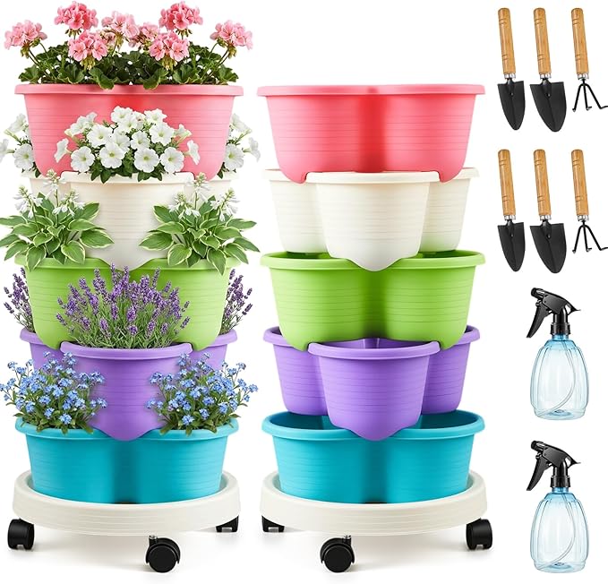 Umigy 2 Set Multicolor 5 Tier Stackable Vertical Planters with Removable Wheels and Tools Tower Planters Herb Flower Strawberry Vegetable Pots Indoor Outdoor Gardening Pots