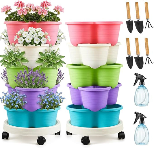 Umigy 2 Set Multicolor 5 Tier Stackable Vertical Planters with Removable Wheels and Tools Tower Planters Herb Flower Strawberry Vegetable Pots Indoor Outdoor Gardening Pots