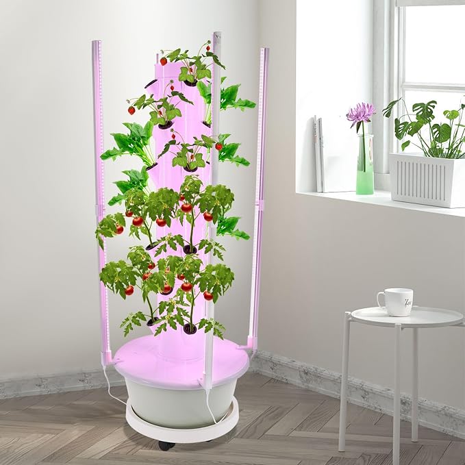 Hydroponic Growing System with LED Grow Lights, 28 Pods 7 Tiers Vertical Hydroponic Tower, Home Hydroponic Garden with Water Pump, Timer, Plants Germination Kit for Herbs, Fruits, Vegetables
