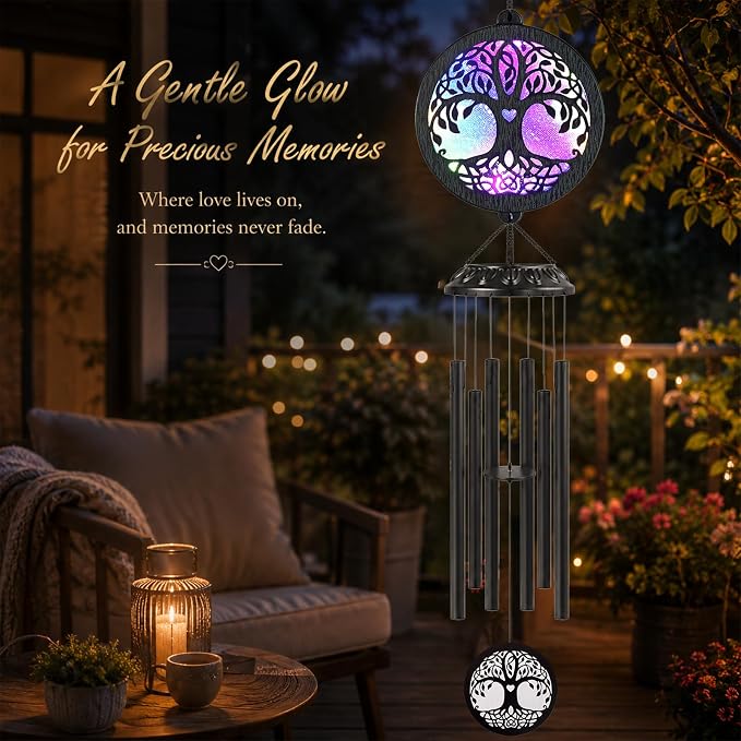 FSVGYY Memorial Wind Chimes for Loss of Loved One, Sympathy Wind Chimes Outdoor Waterproof with Solar LED Tree of Life, Bereavement Remembrance Funeral Gift for Mom Dad Family Garden Patio Decor