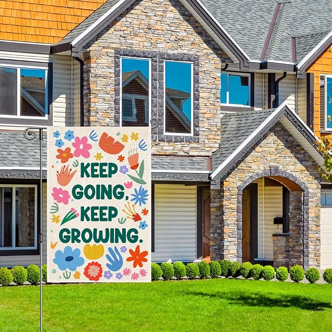 Perfectinsoy Keep Going Keep Growing Garden Flag for Outdoor, Positive Flowers Yard Banner, Community Welcome House Yard Home Holiday Farmhouse Patio Porch Lawn Decor, Floral Garden Flag Gifts